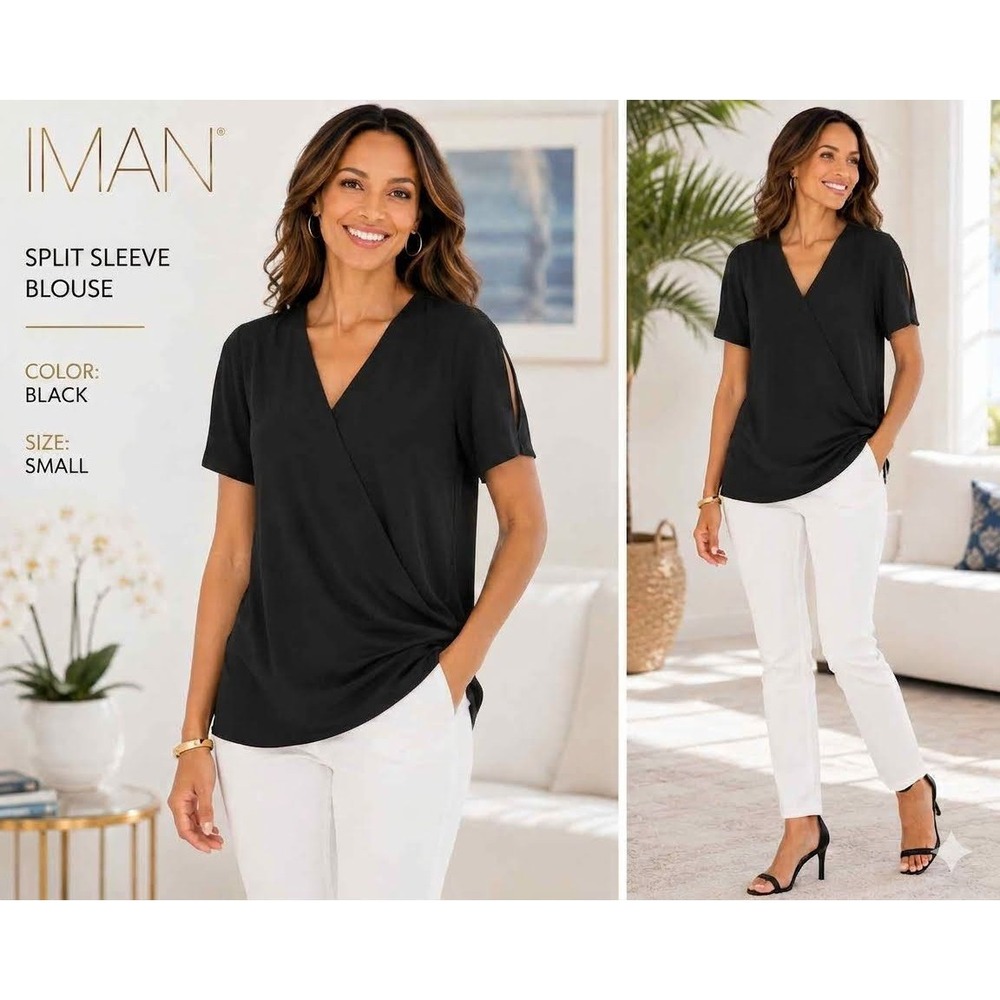 IMAN Women's S Black Split Sleeve V Neck Faux Wrap Short Sleeve Blouse Top #1850